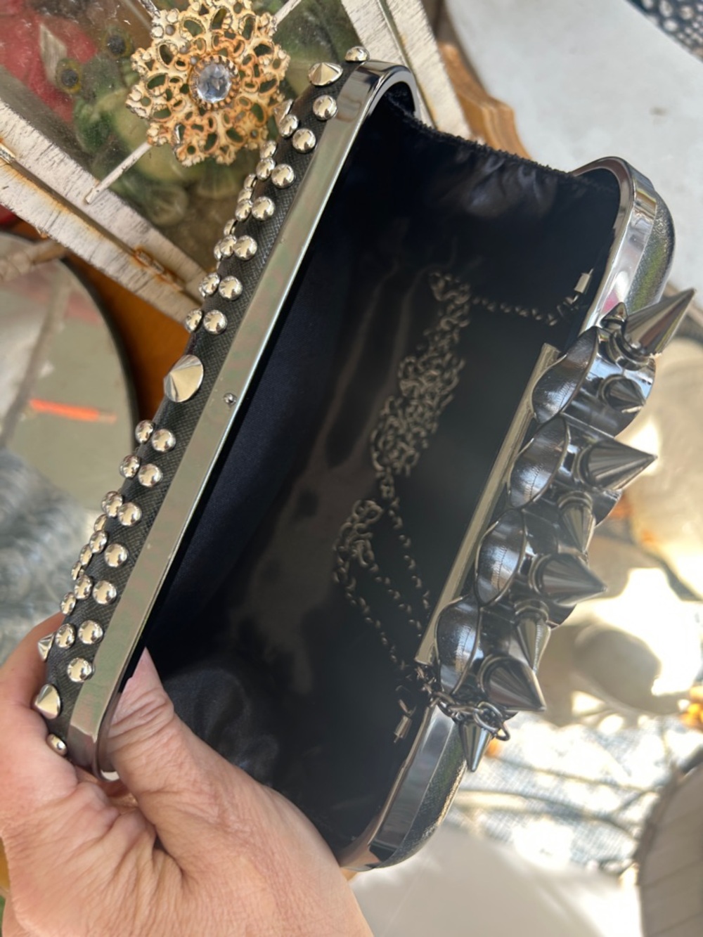 Black Studded Spike Knuckle Ring Bag - Picture 5 of 8
